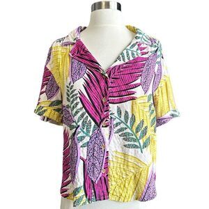 NWT Jane & Delancey Tropical Palm Leaf Print Multicolor Short-sleeve Button Down